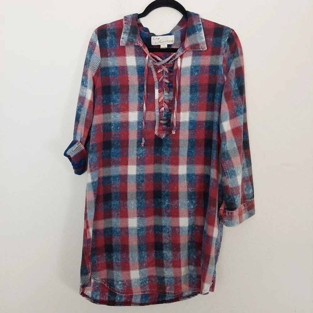 Vintage Havana Womens Long Sleeve Red Blue Plaid Drawstring Tie Shirt Dress Sz S - Picture 2 of 9